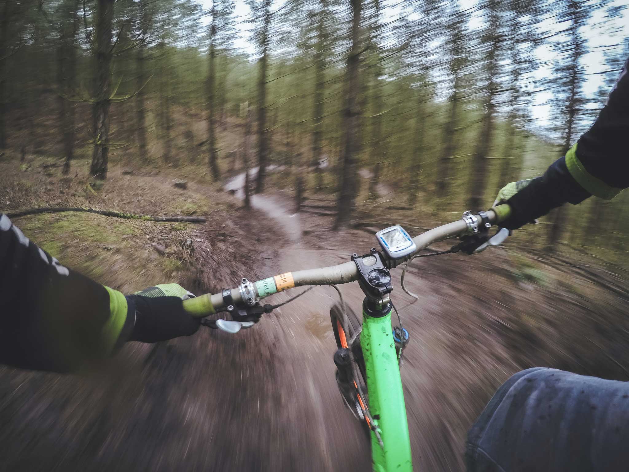 person riding a bike through the woods