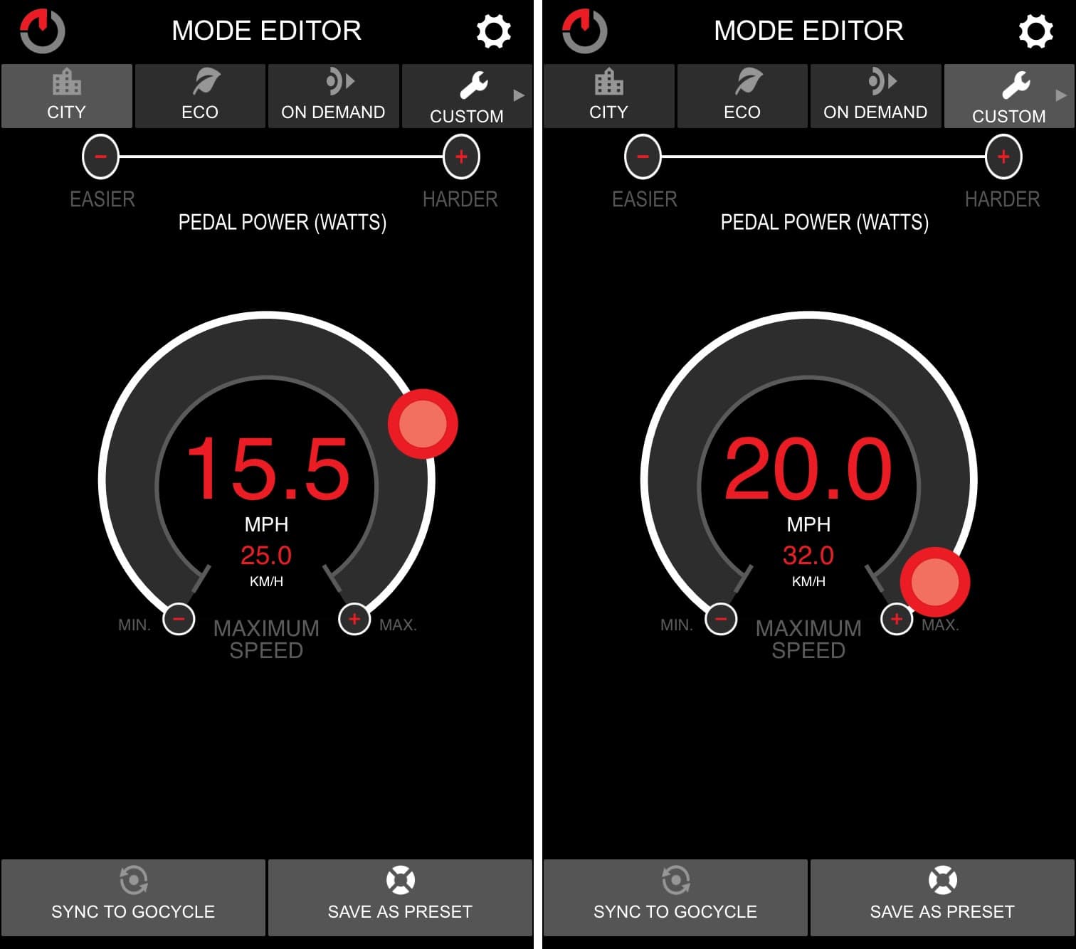 Max MPH settings in GocycleConnect App