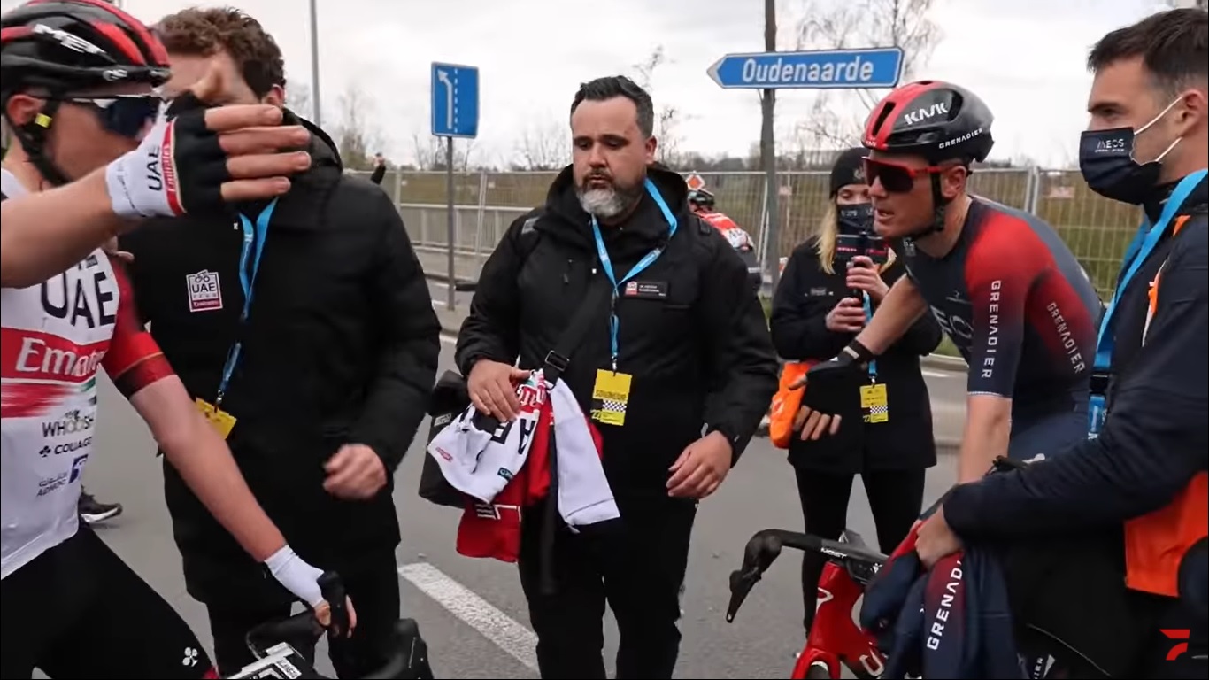 Pogačar angrily confronts Van Baarle after Flanders botched sprint | Video