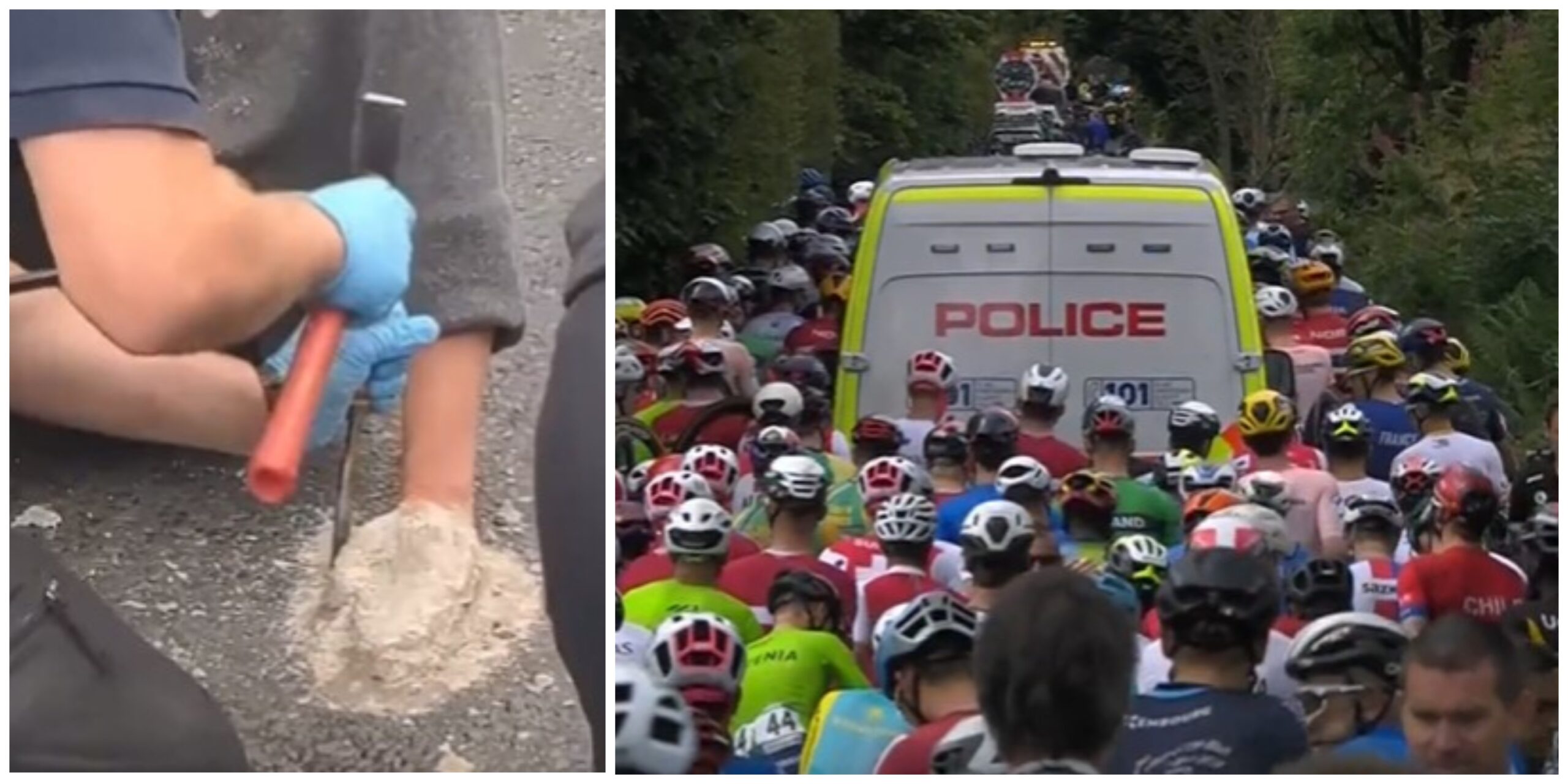 Chaos at Worlds as protest stops race, police blocked by peloton | Video