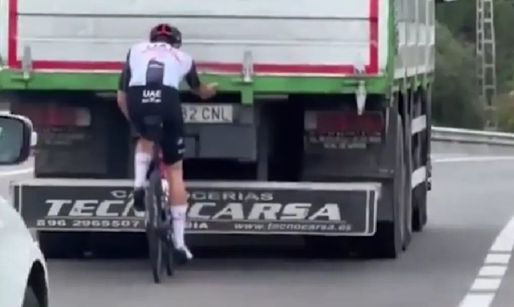 UAE rider caught holding on to truck while training | Video